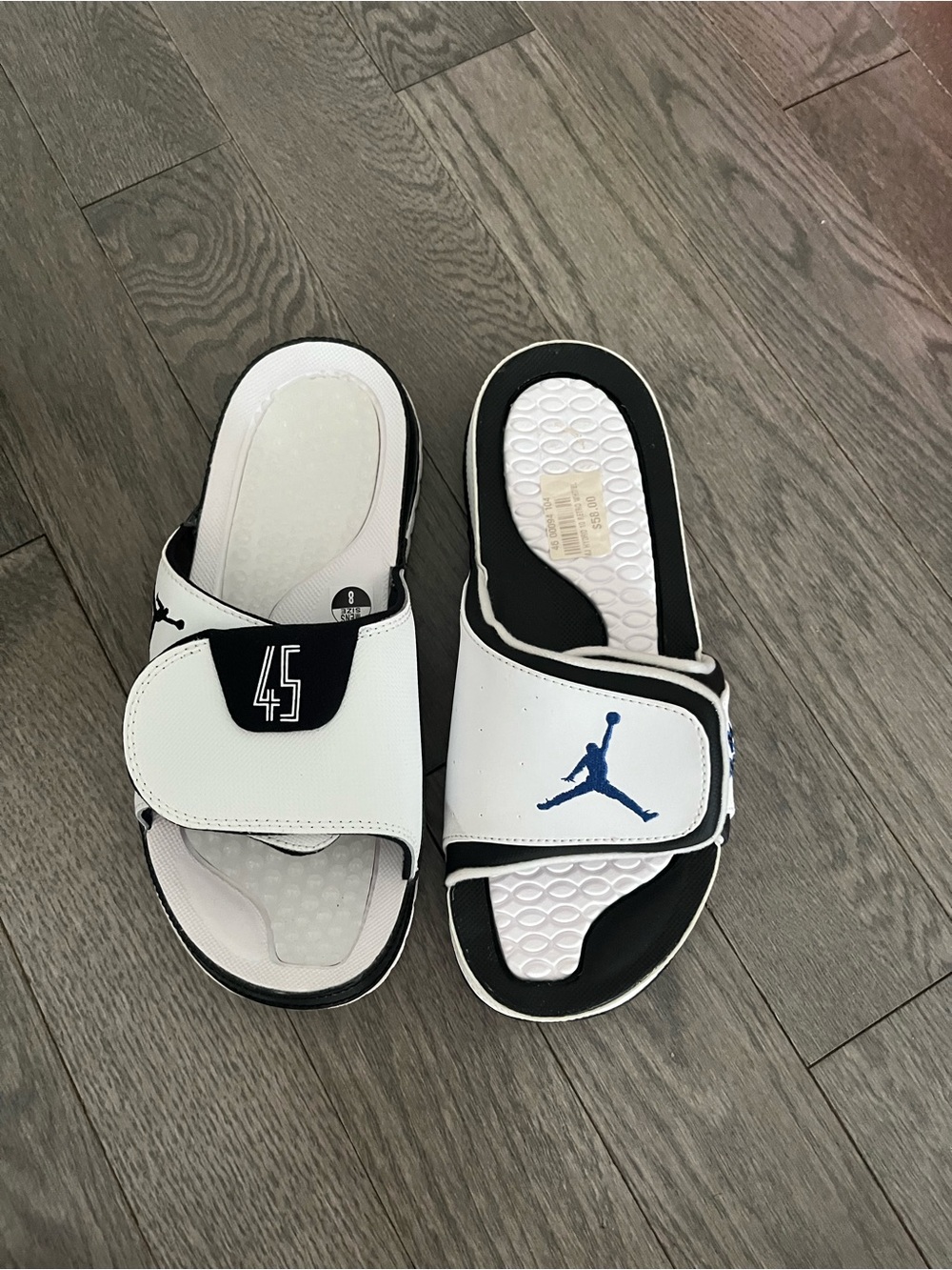 Jordan mens White and Black Slide Sandals with Blue Jumpman mix match mens 8